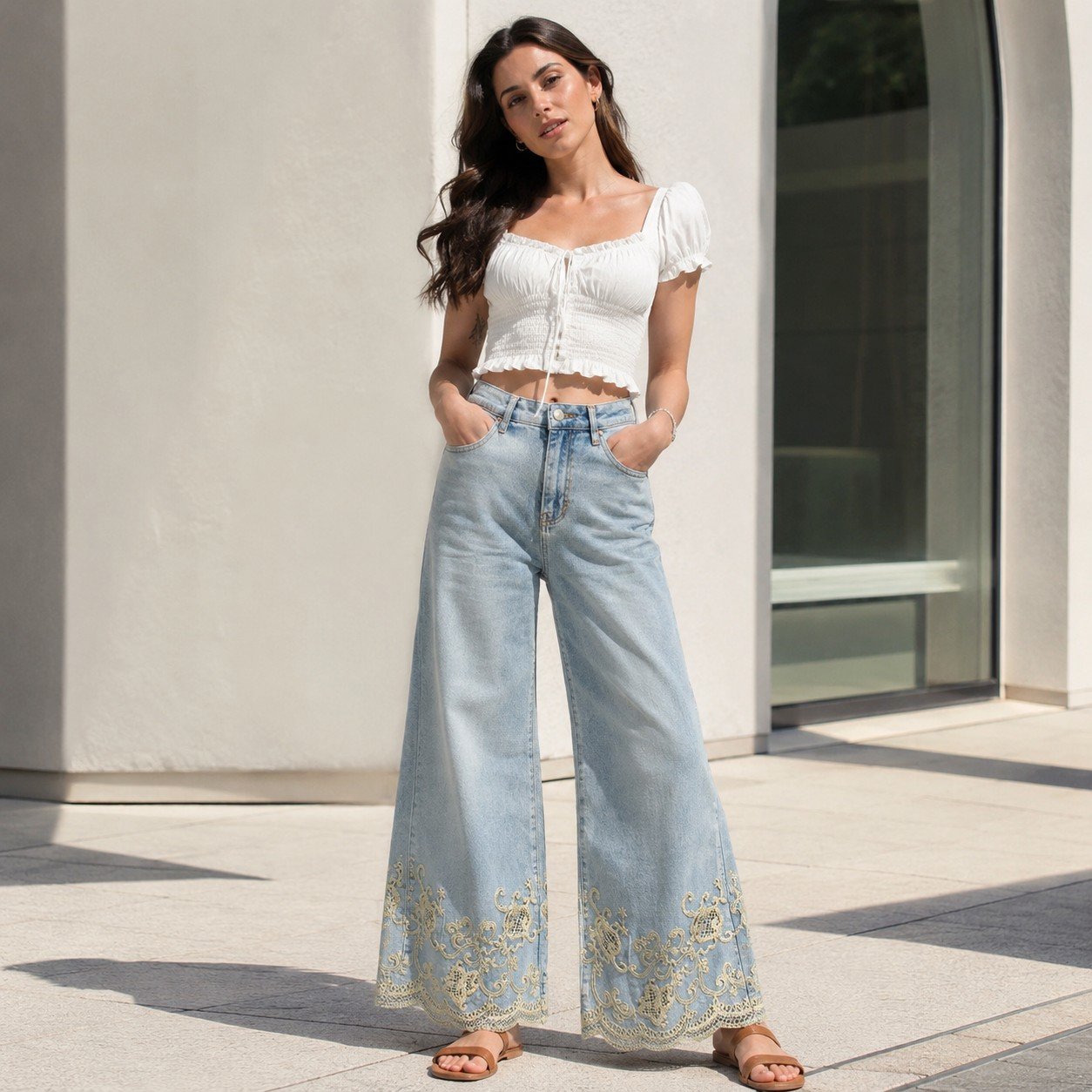 Jeanshose Stickerei Blue washed